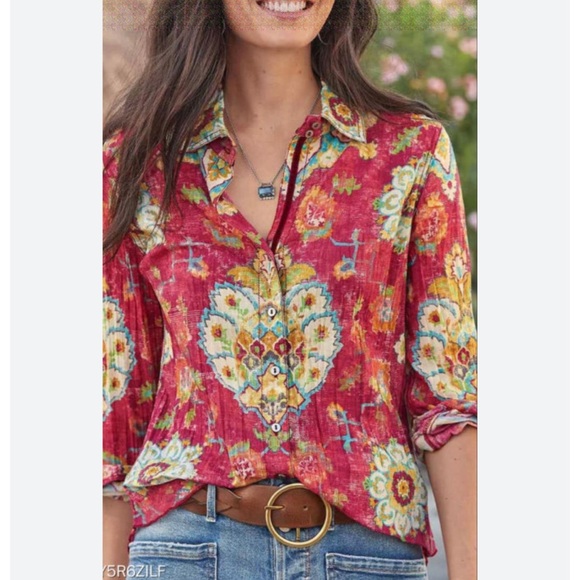 Cino Tops - Sundance Cino Floral Red Teal Boho Button Down Top Size S #2076